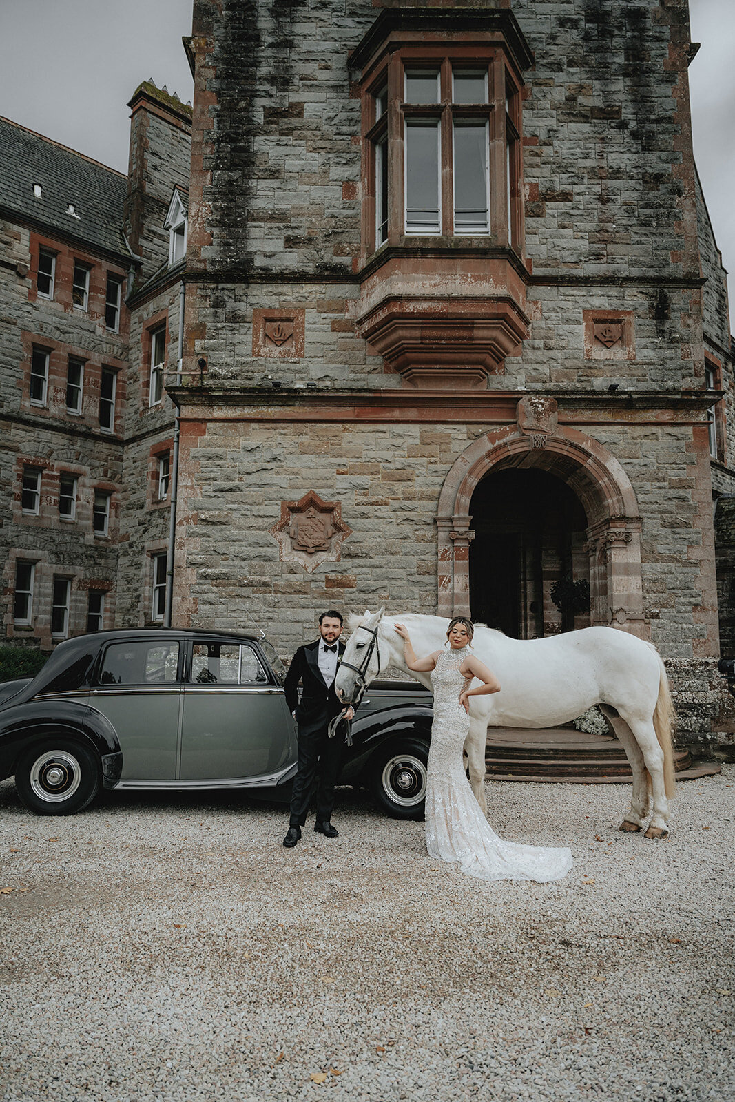Ireland castle with bride and groom in front with horse and car
