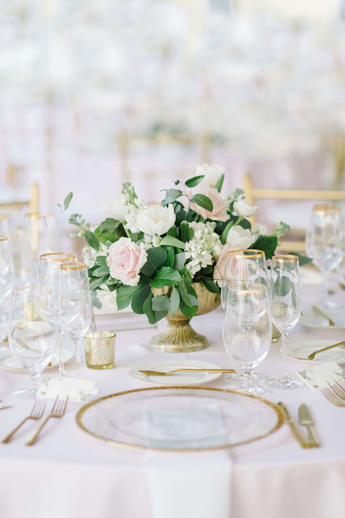 white, pink and gold wedding reception setting