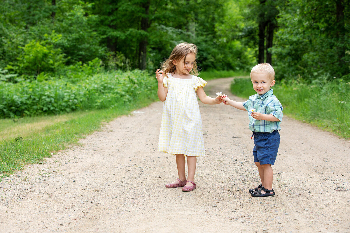 A young brother hands his sister a wildflower on a gravel road in the spring time at Studio 64 Photography in Akeley, MN.
