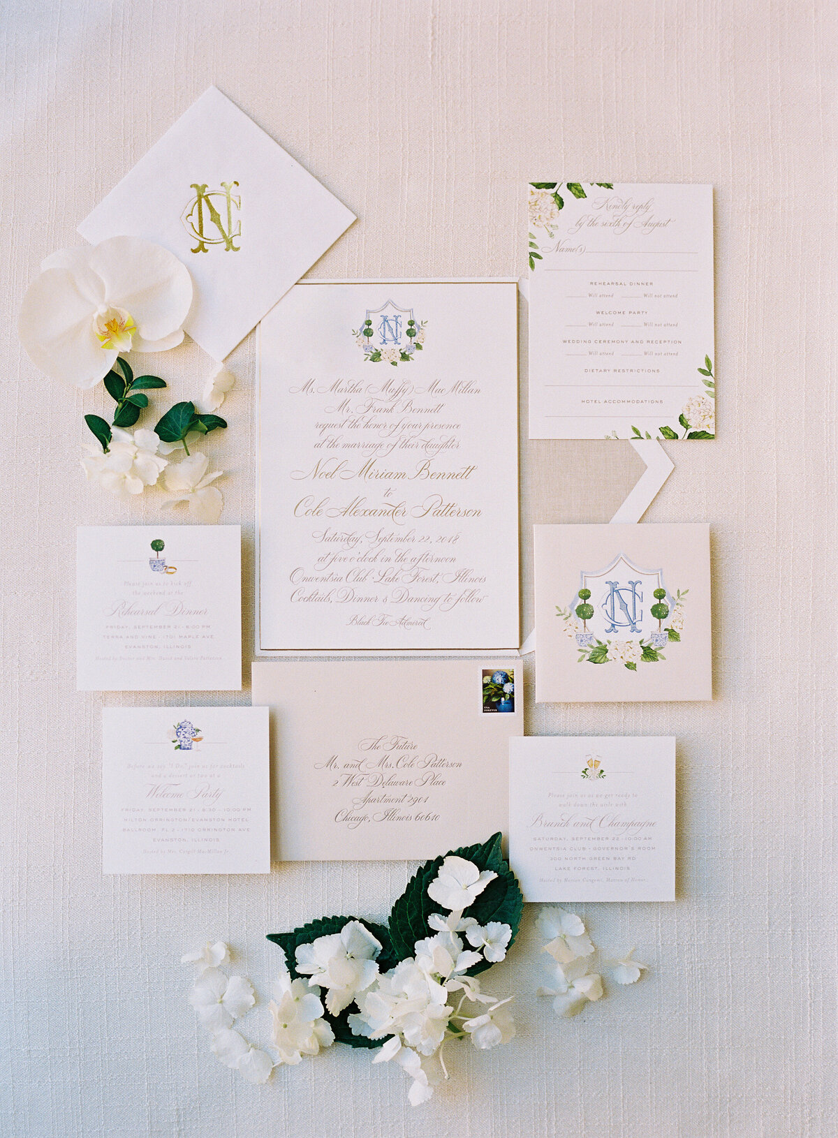 Close up of wedding invitations for the wedding at Onwentsia country club. 