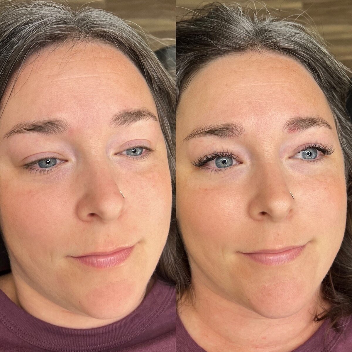 side by side photos of woman before and after lash extensions