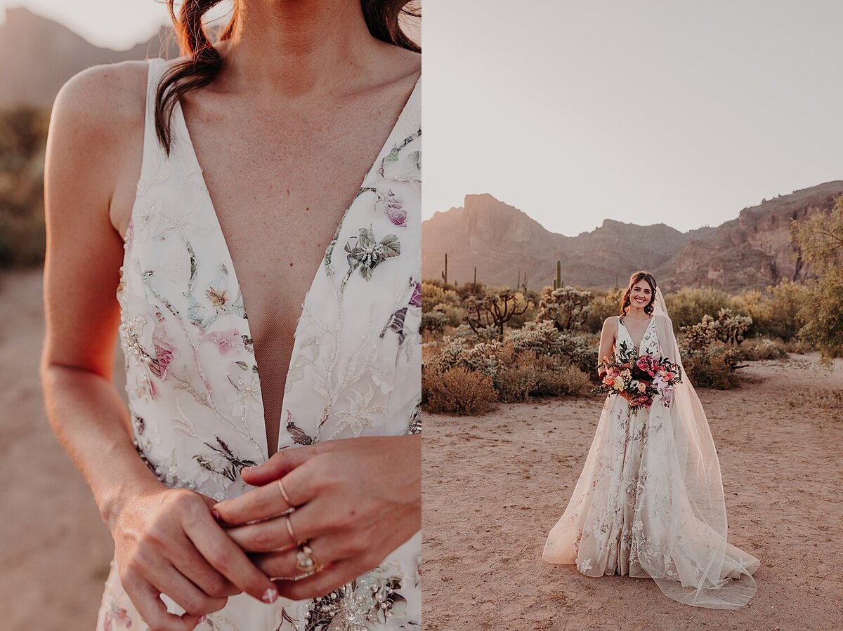 bride with veil and bouquet in the desert at sunset