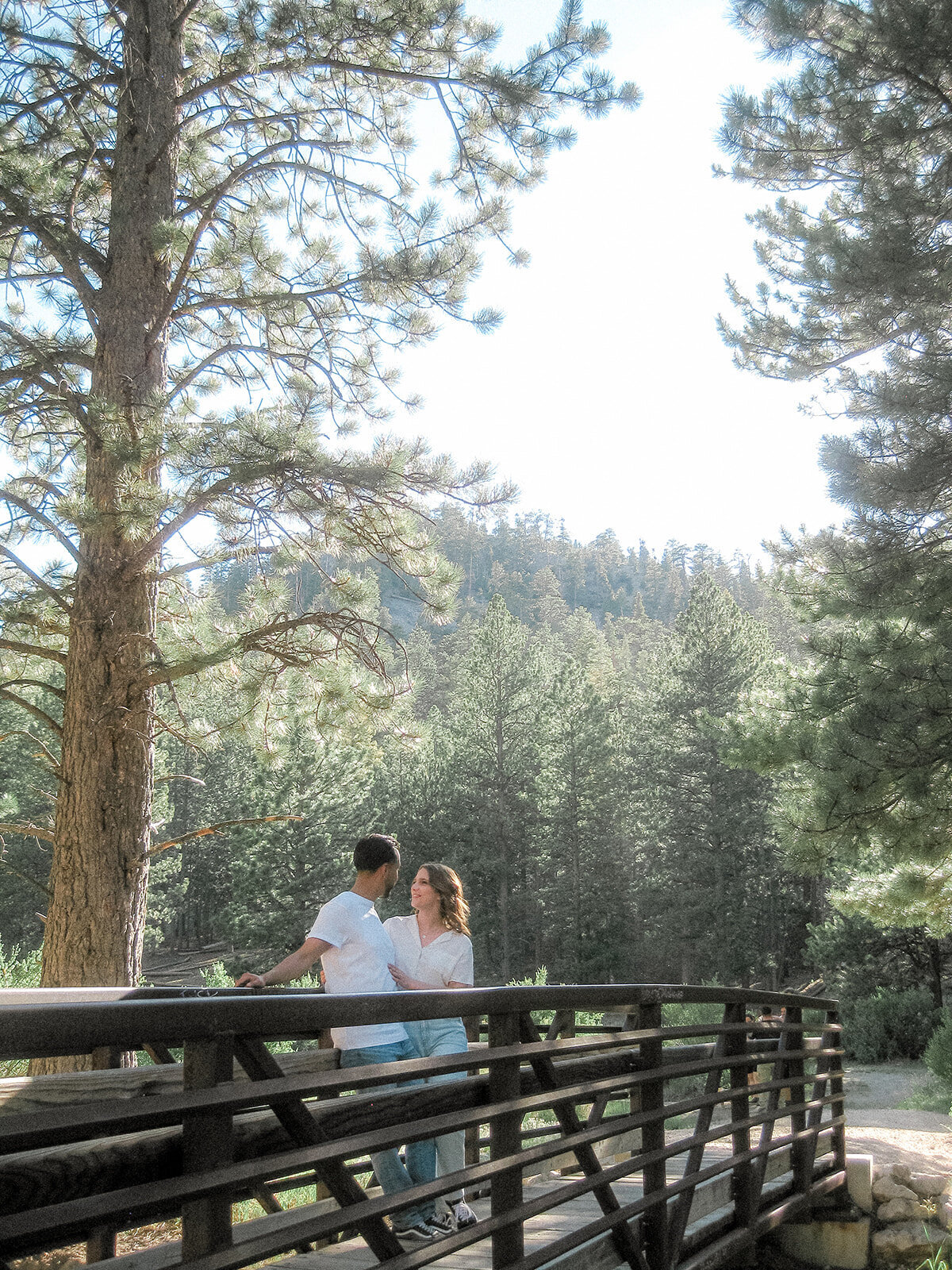 A couple leans on a rustic wooden bridge, smiling at each other, with tall trees and rolling hills as the backdrop, creating a peaceful, intimate scene in nature.