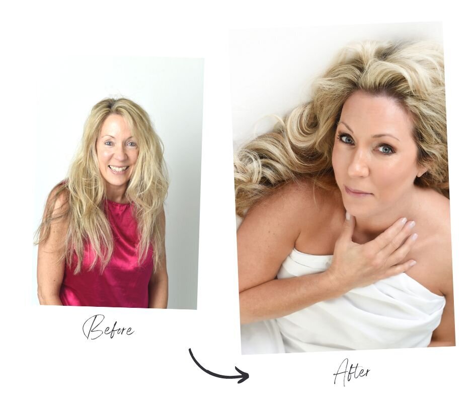 Dramatic before and after photos of a young woman in Toronto, highlighting professional glamour makeover results