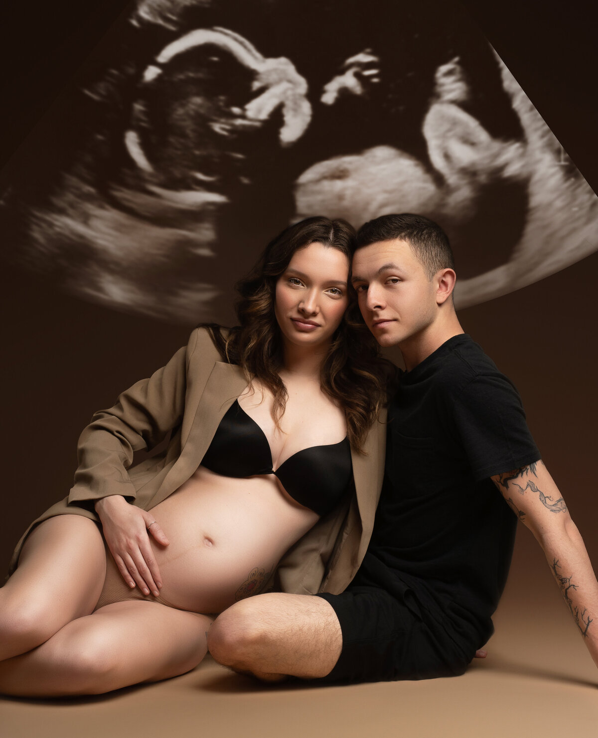 couples maternity photographer Syracuse, pregnancy photo shoot, mother to be, baby pics, pregnancy gowns, pregnancy photos, photography, baby belly, backdrop, studio, white and black, sonogram
