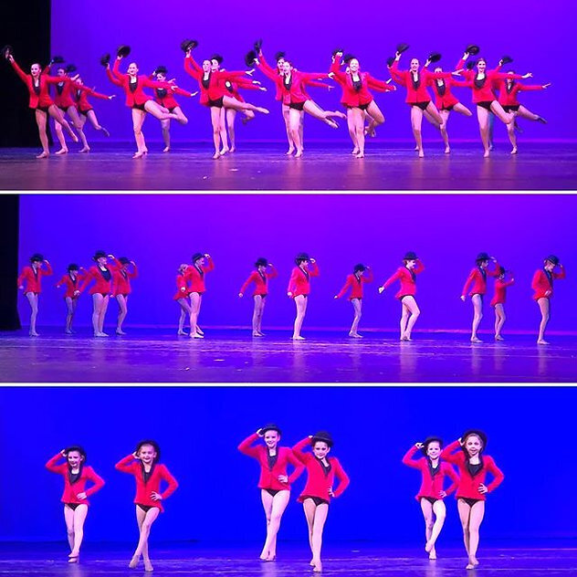 senior, petite, and mini company on stage performing razzle dazzle