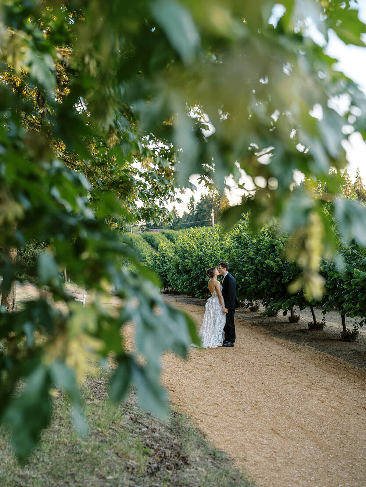 A bride and groom kissing standing  outdoors.