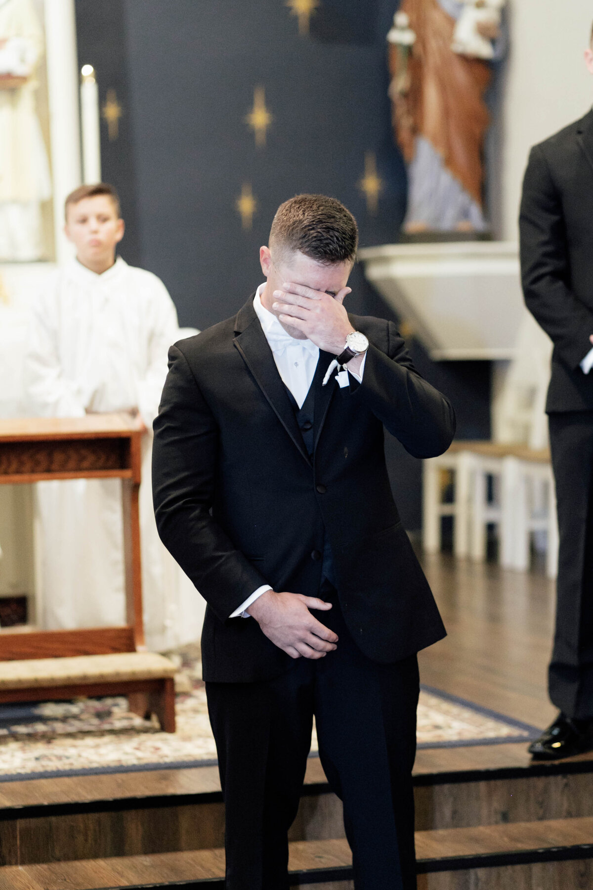 Groom crying at the first look of his bride. 