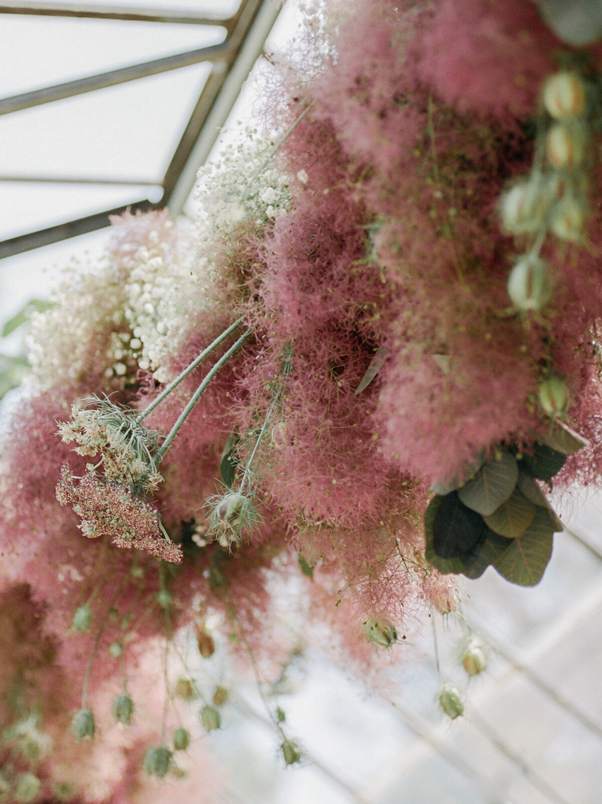 soft smokebush floral hanging installation at greenhouse wedding in Michigan