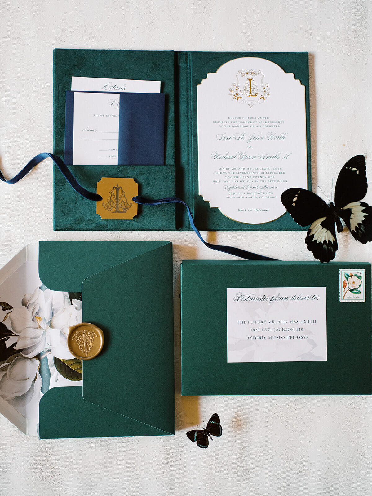 Custom emerald green wedding stationery
