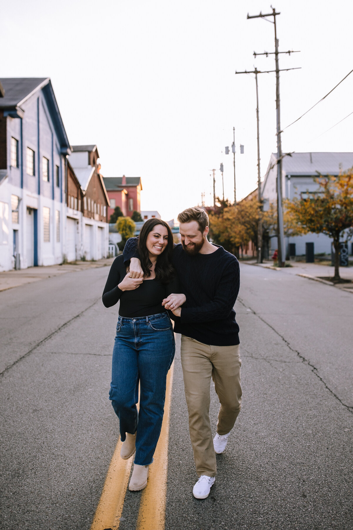 Engaged couple in the strip district of Pittsburgh.