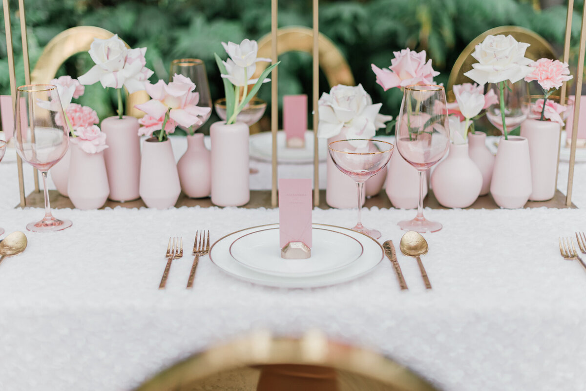 Elegant blush pink reception table decor from Modern Rentals, contemporary decor rentals based in Calgary, AB. Featured on the Brontë Bride Vendor Guide.