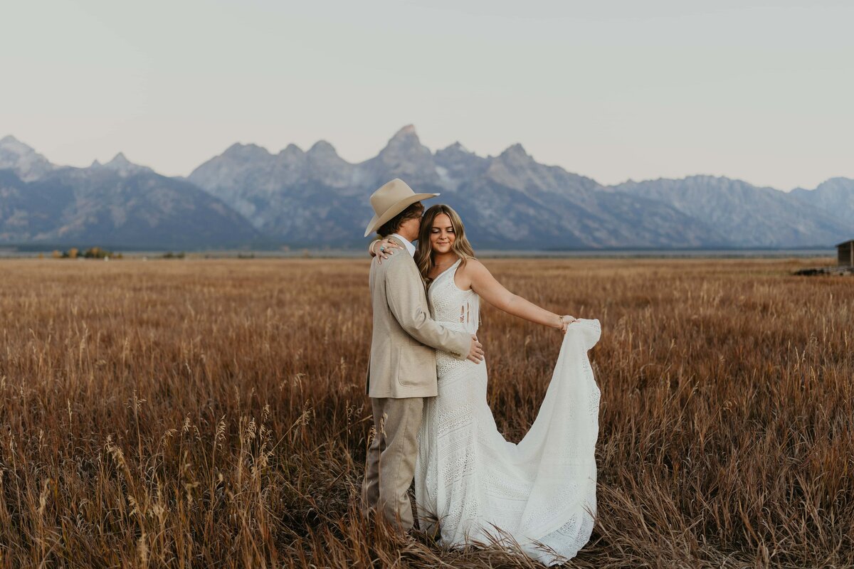 Bridal photos on a cool summer morning at Mormon Row in Grand Teton National Park