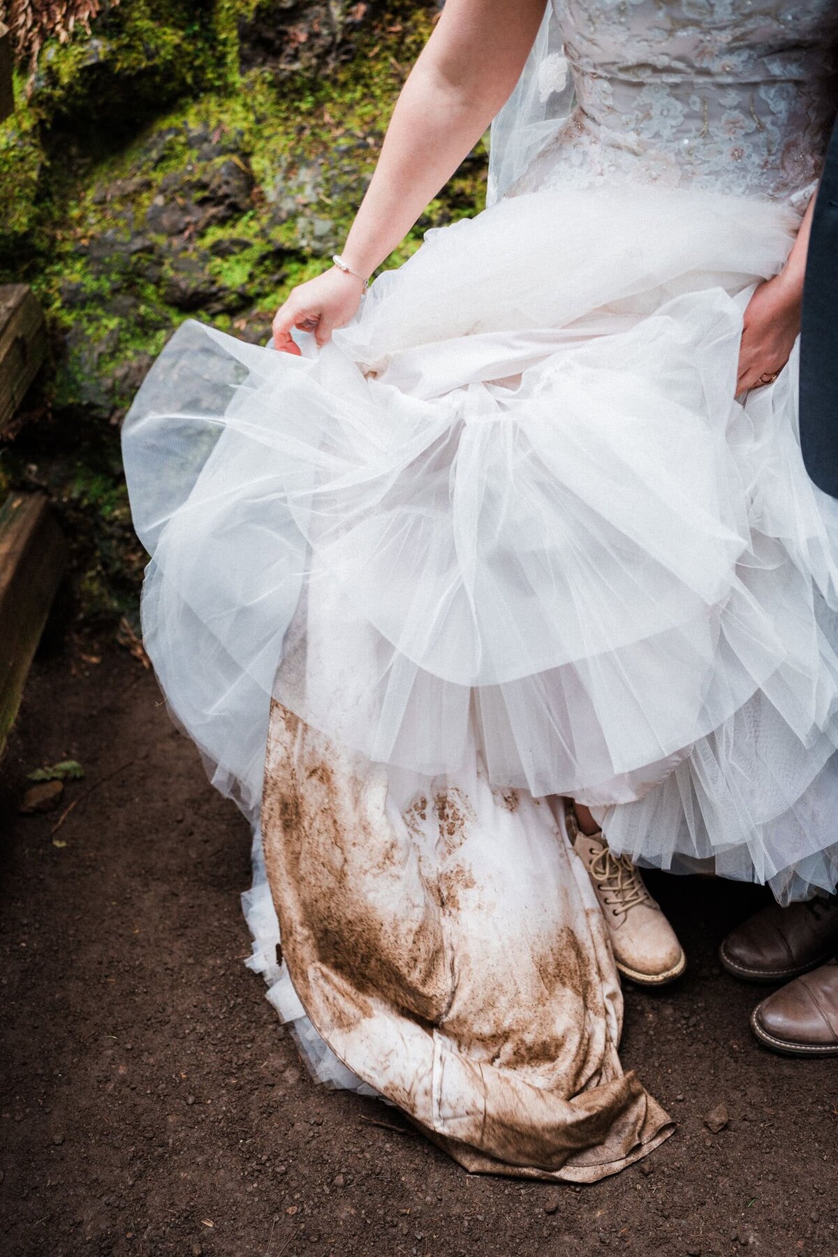 wedding dress full of dirt and mud from the Washington hiking trails.