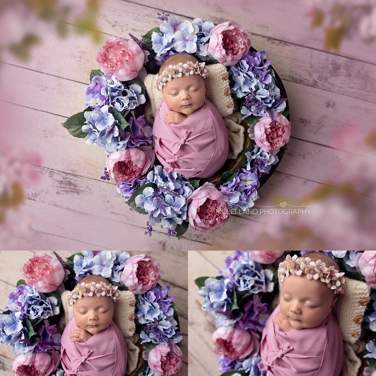 Baby girl wrapped in pink and purple surrounded by lush floral ring during newborn portrait session.