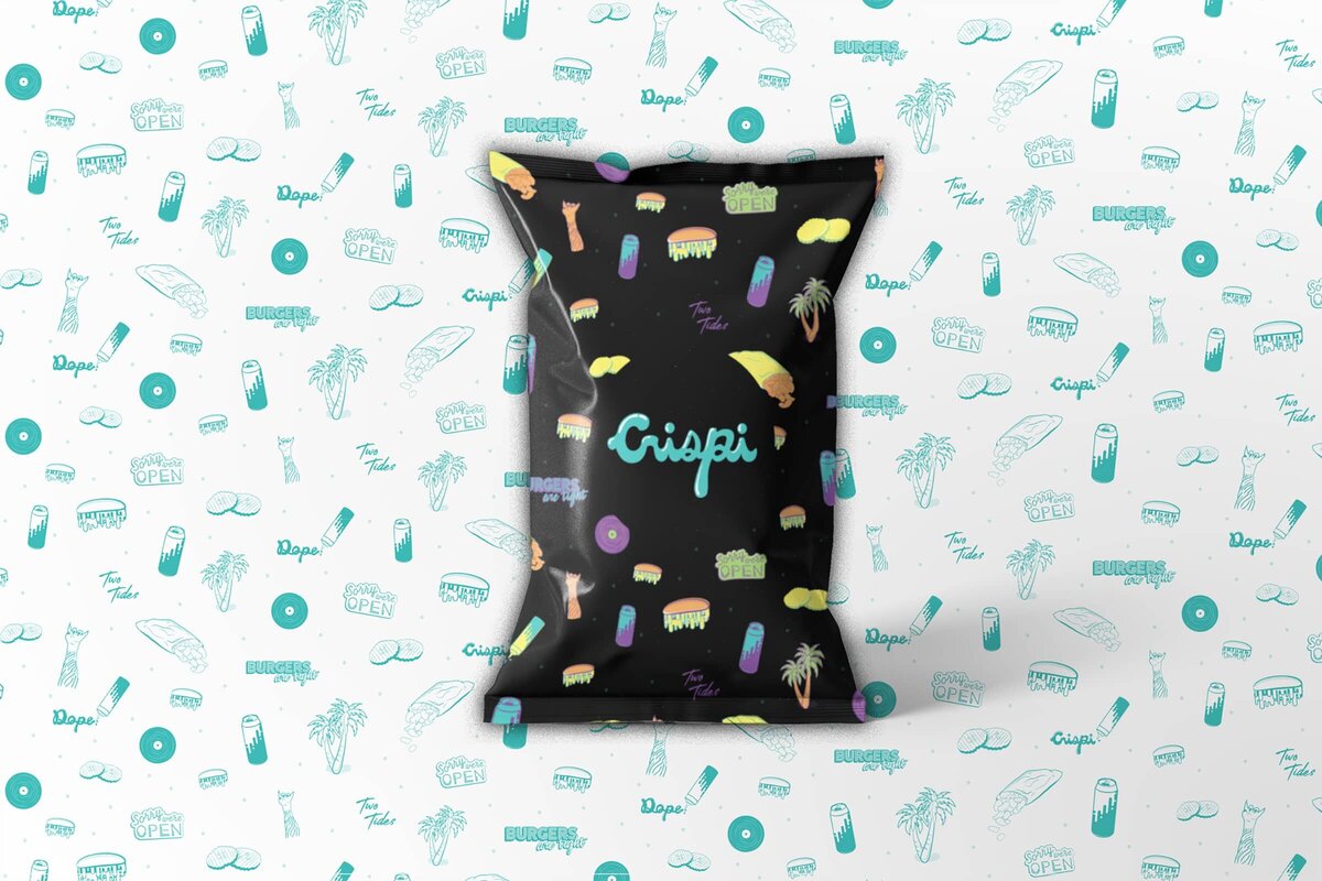 A bag of chips printed with the Crispi brand pattern in full color. The background is filled with Crispi's brand pattern in teal