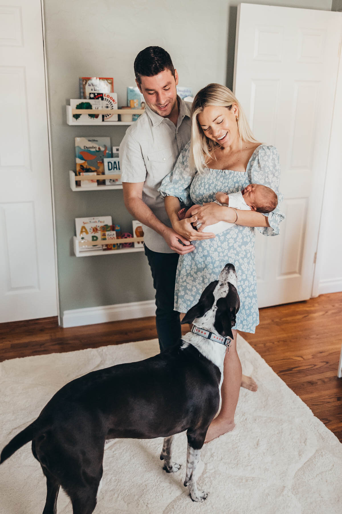 parents hold their new baby while looking down at their sweet dog looking up at them.