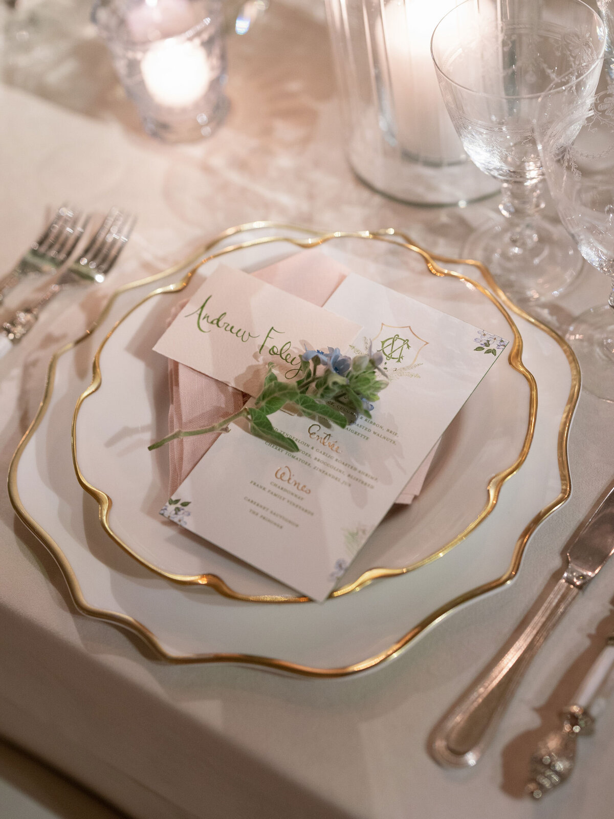 Close up of the place setting at the wedding reception at the Palmer House in Chicago. 