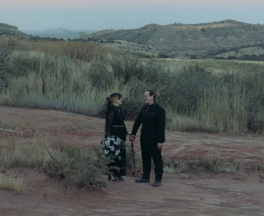 A newlywed couple standing in a field together.