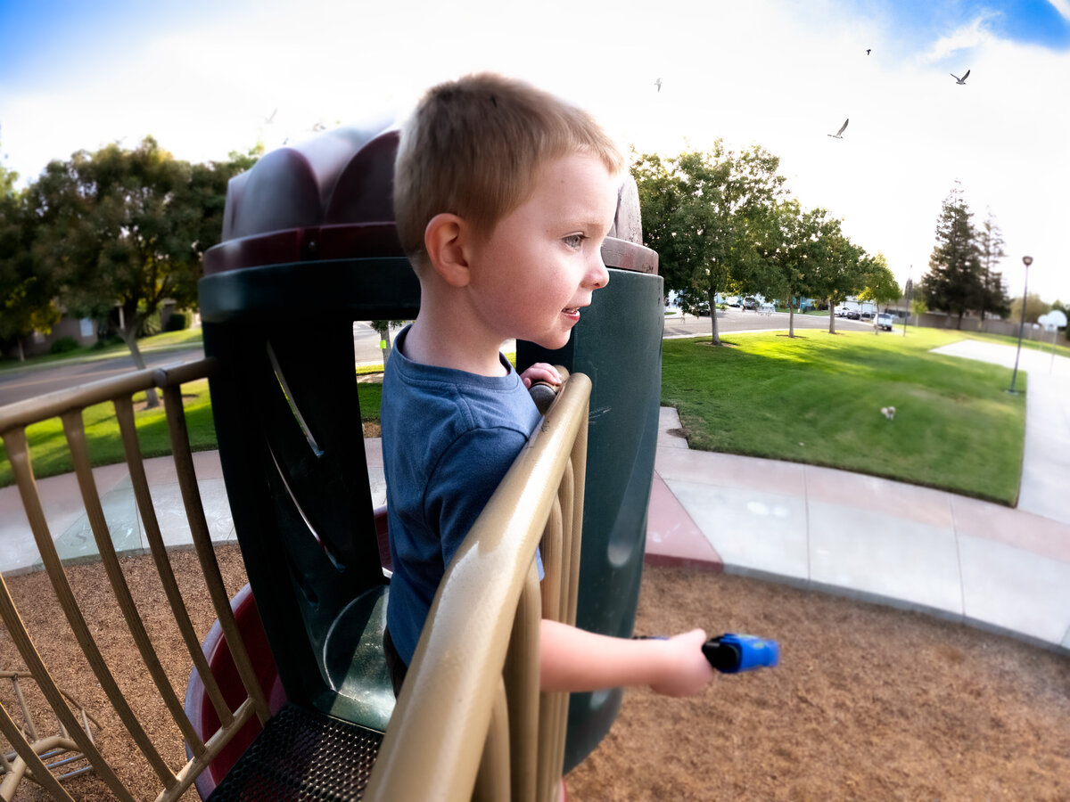 A little boy stands at the top of a park play structure and looks out in wonder