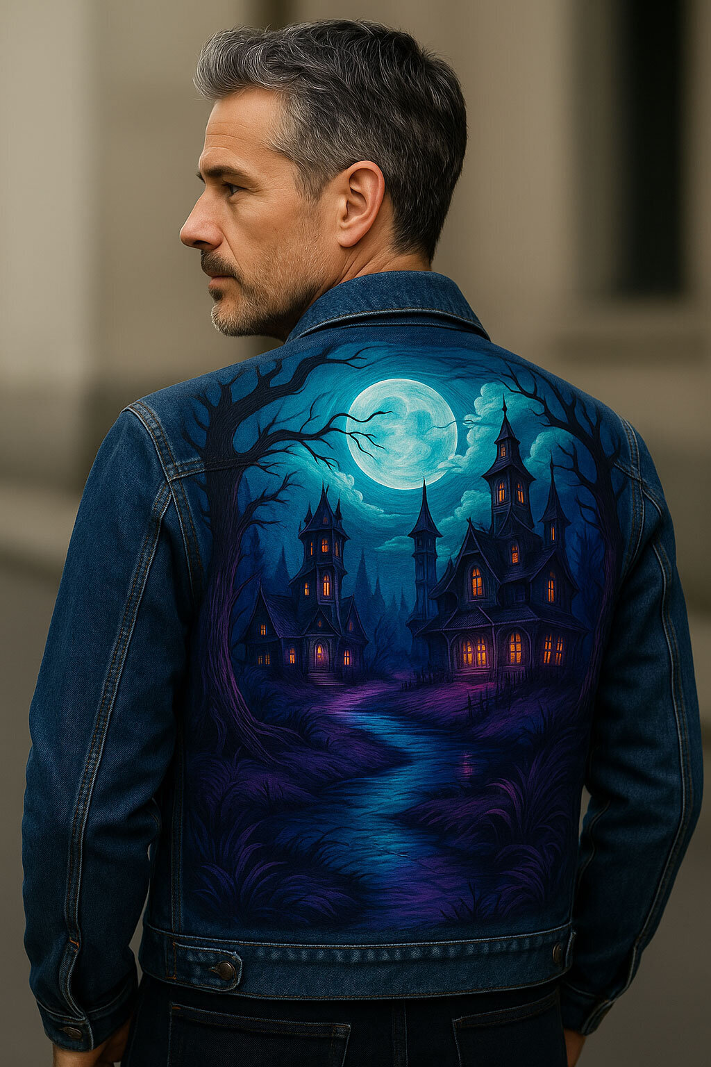 A branded photography shot of custom painted Jean jacket with a haunted estate theme
