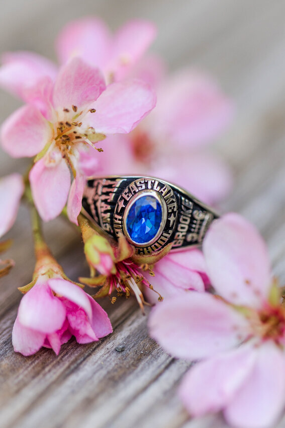 high school senior ring with pink flowers