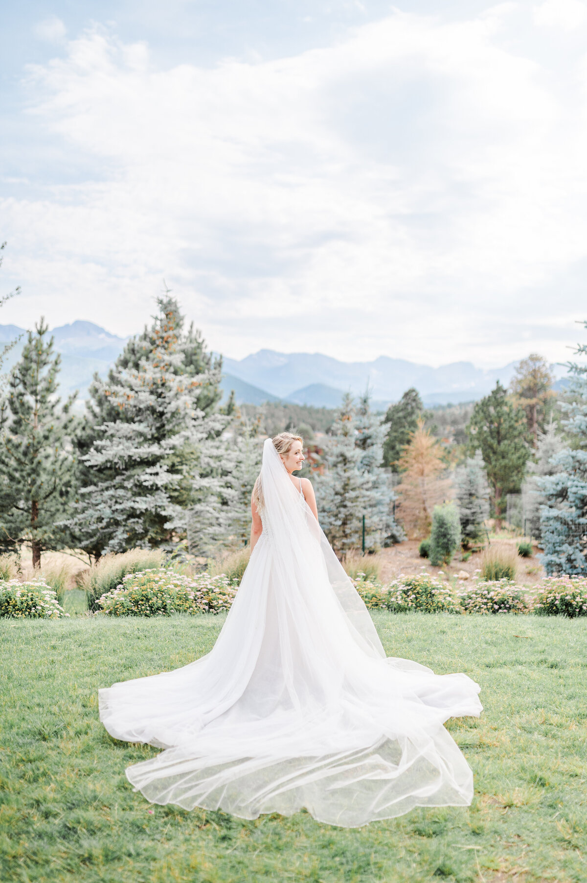 portrait of bride and her full length dress facing the mountains as her veil flows in the wind at the stanley hotel in estes park