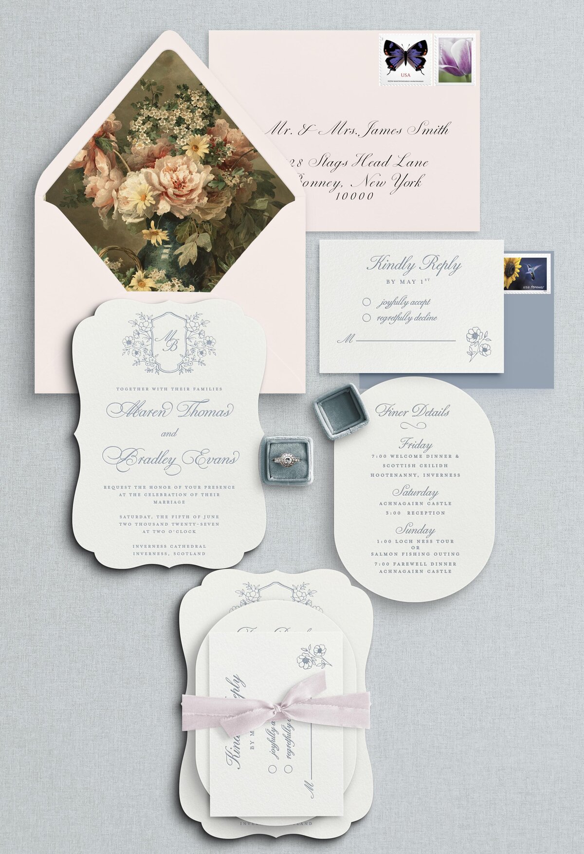 The Maren suite features die cut bracket shaped invitation, double arch die cut details card. Floral shield crest with monogram. Letterpress on cotton paper.