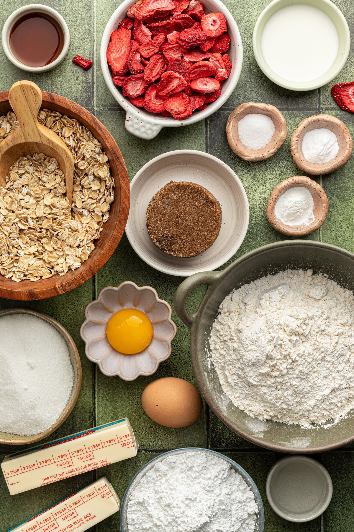 flat lay of ingredients for strawberry cookies