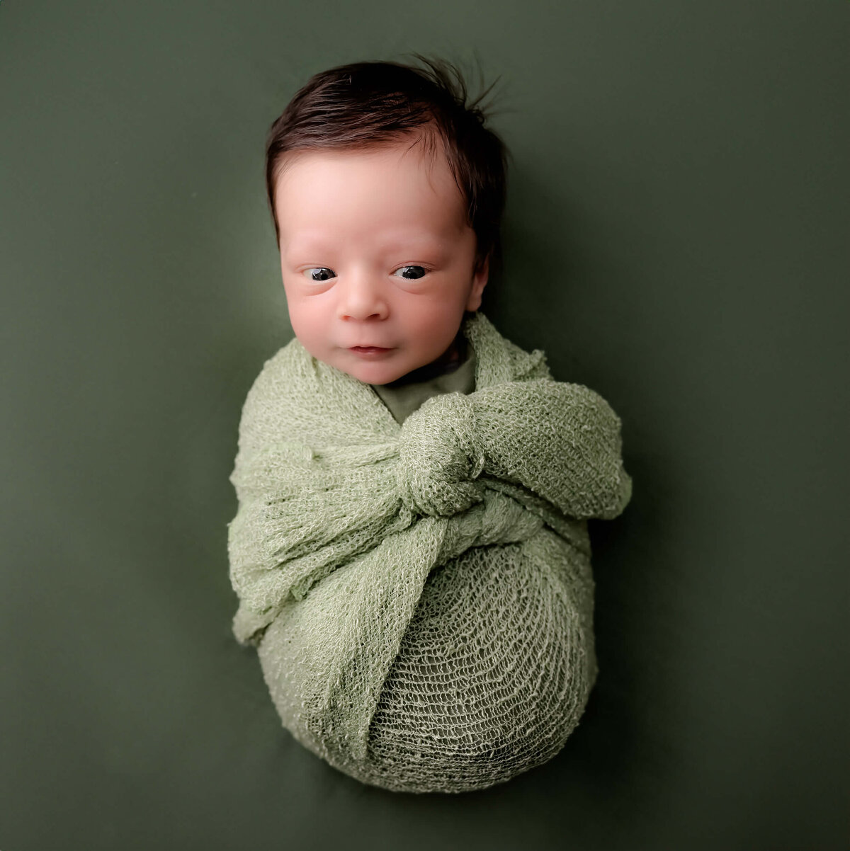 Beth Benecki captures a newborn baby boy wrapped in a green cheesecloth like fabric and placed on a olive green background.
