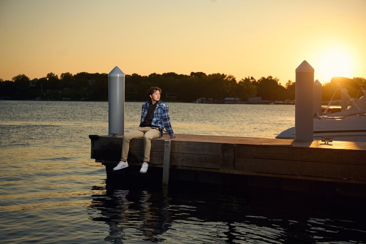 Relaxed Senior Picture Photographer at Sunset on the Lake Dock-100