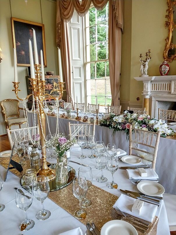 Gold candelabra sequin pearl wedding 17