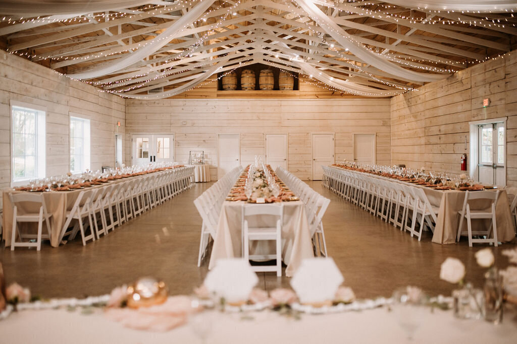 reception tables at a wedding barn in Georgia