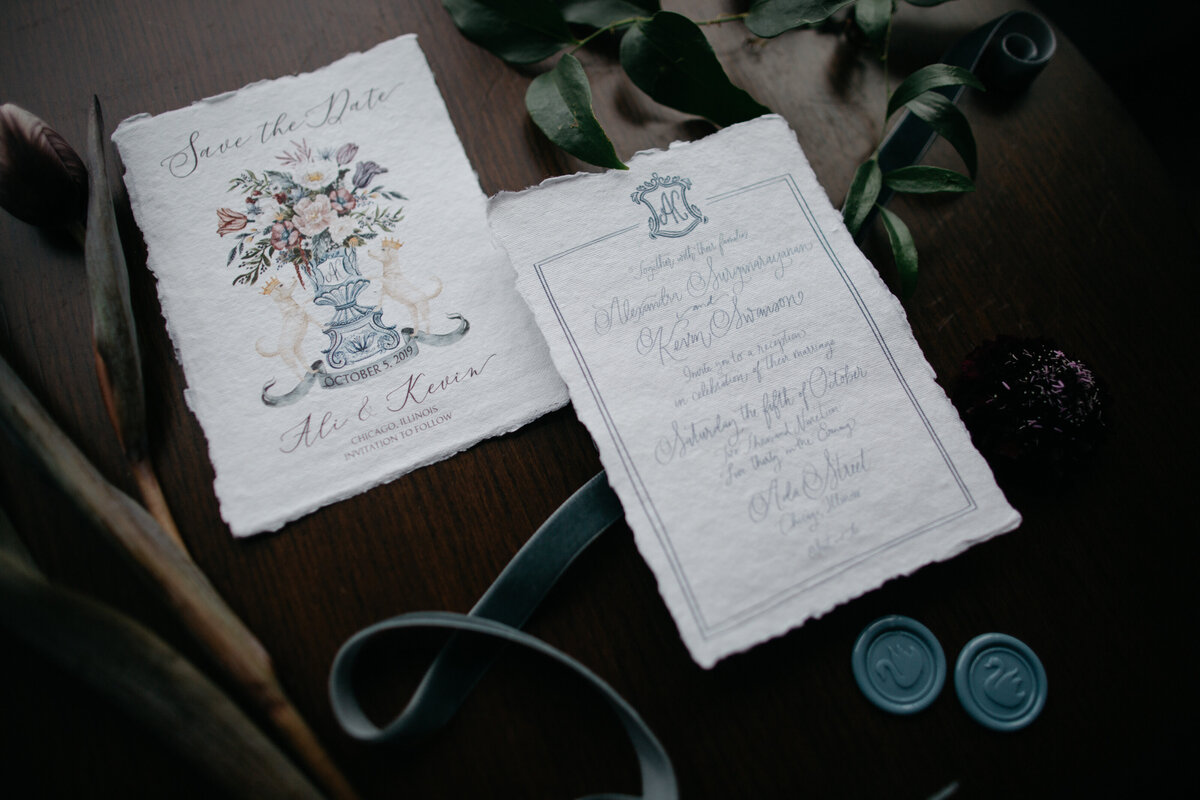 Flat lay of custom wedding invitations