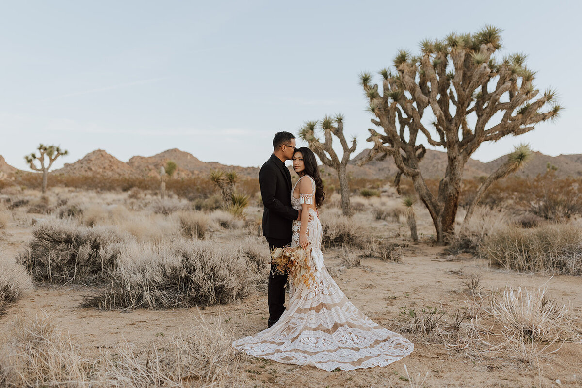 bride and groom standing in a desert