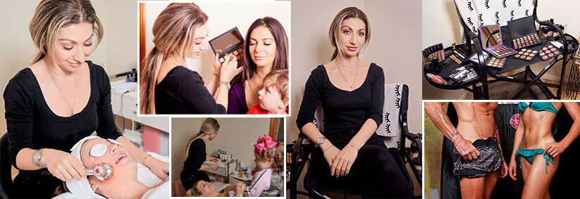 Blonde female aesthetician giving client a facial, photos of makeup and spray tanning