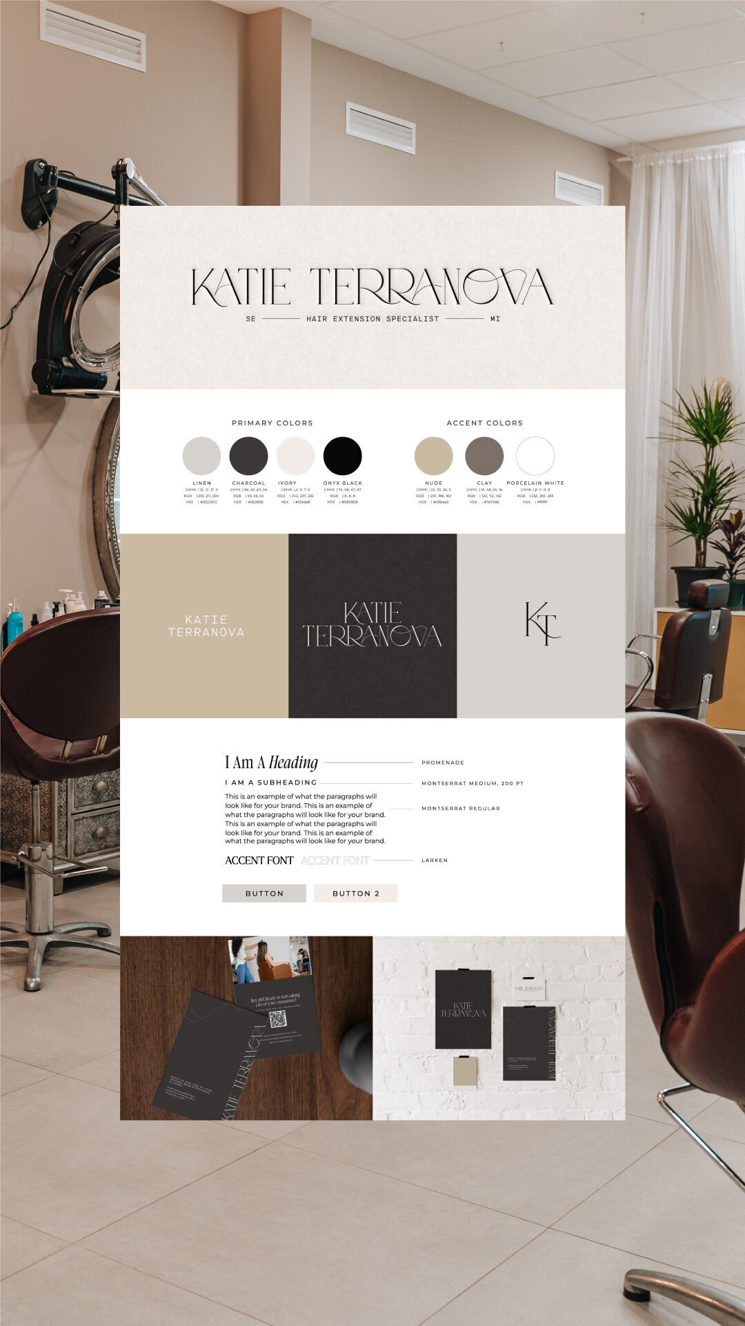 luxury brand board for a beauty professional, featuring a dark academia-inspired, moody brand identity