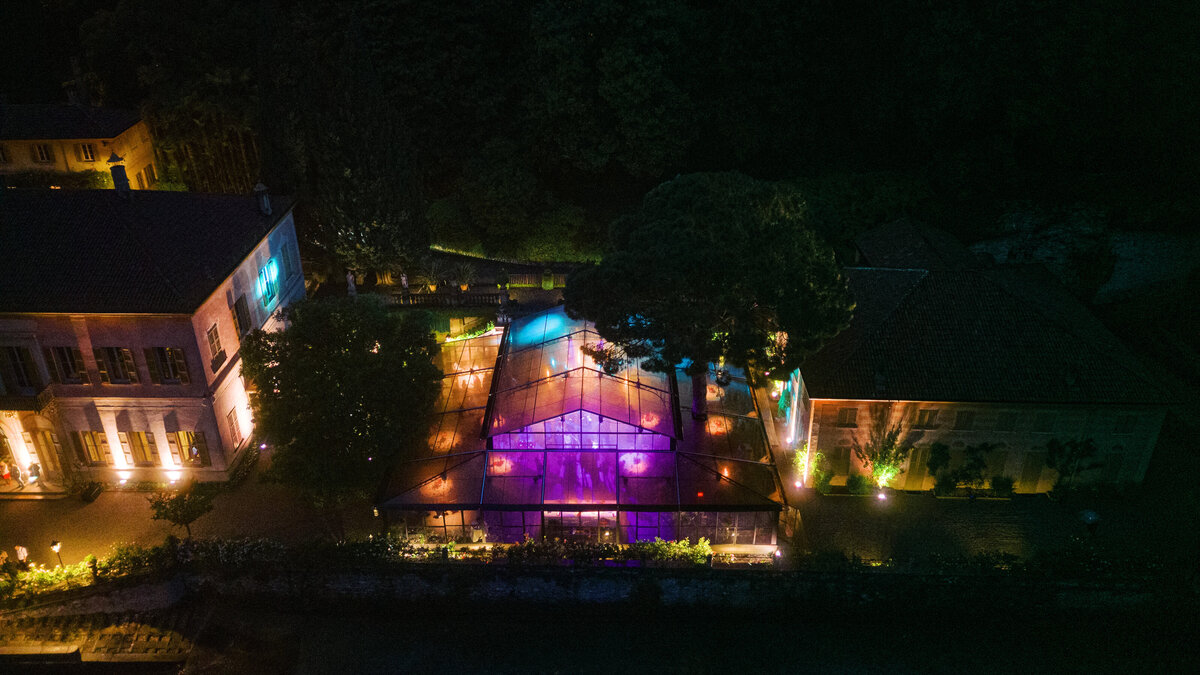 Drone photograph of wedding dance floor at Villa Pizzo on Lake Como