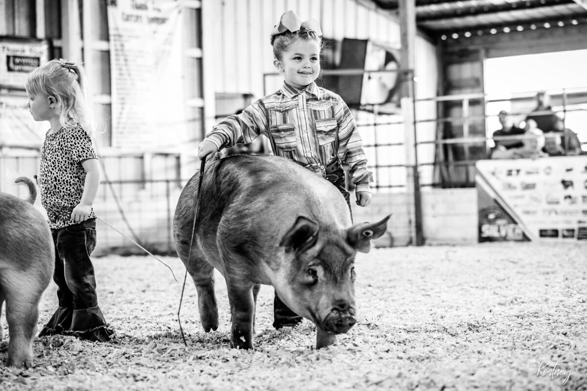 little girl with big bow showing pig