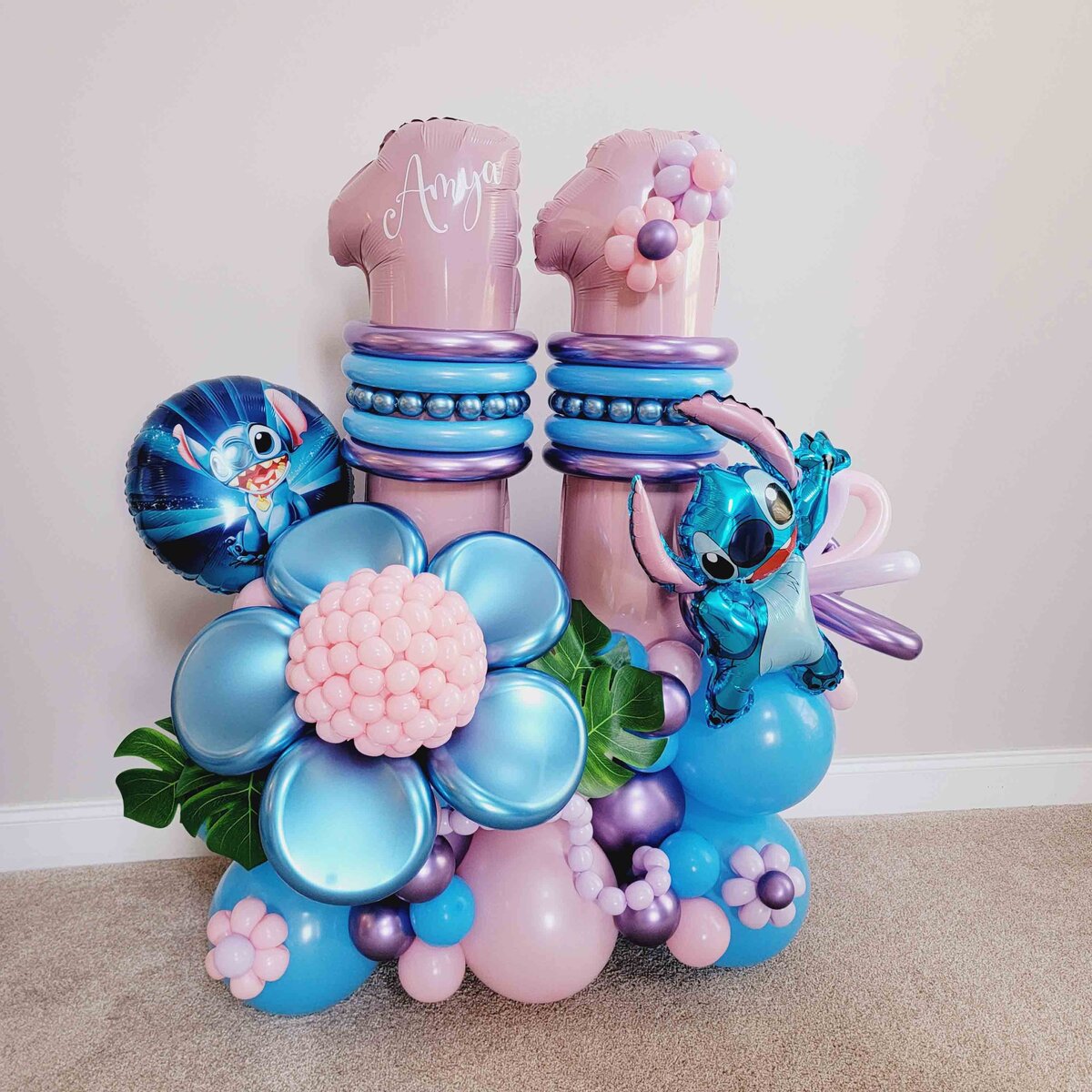 Boys' celebrations with Air with Flair Decor's Premium Balloon Bouquet featuring a playful Stitch Blue Flower theme.