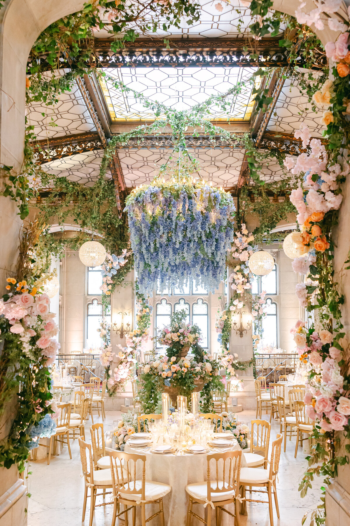 whimsical pastel color lush floral hempstead house wedding deocr