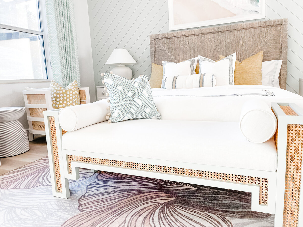 coastal home Master Bedroom bench and styling done by Island Home Interiors Lake Nona