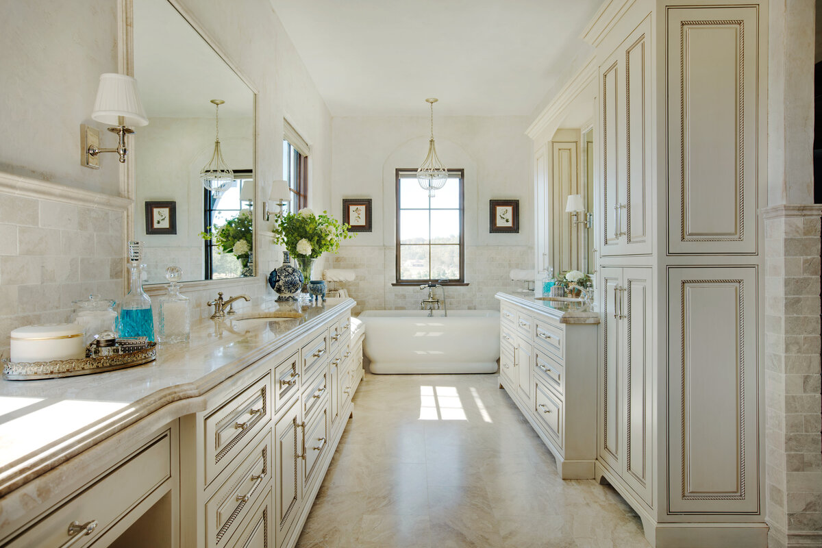 Panageries Residential Interior Design | Italian Country Villa Master Bath Design equipped with custom cabinetry, and plenty of vanity space