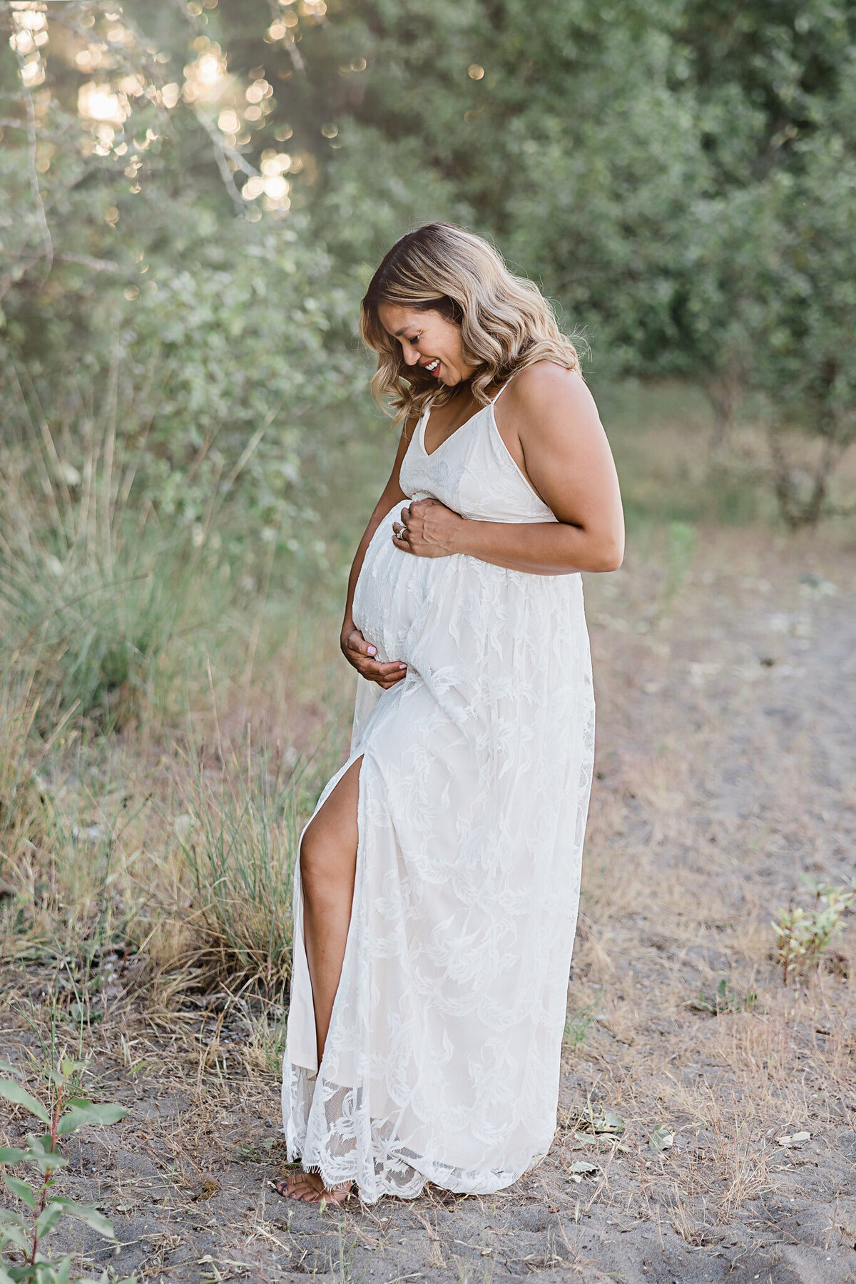 mom in white dress maternity photography in portland oregon