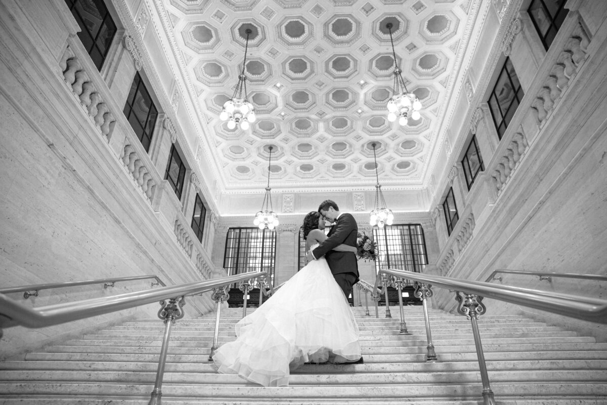A classy and elegant couple on their wedding day at union station in Chicago