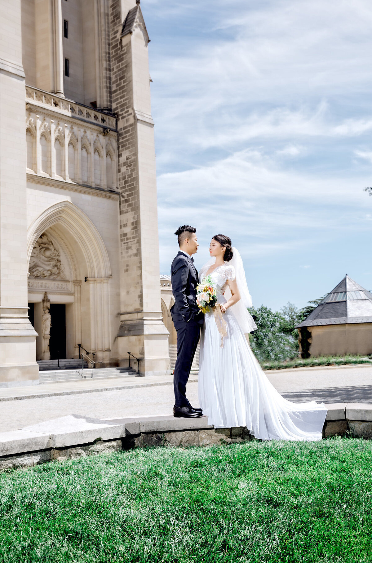 bride and groom at the national cathedral wedding photo