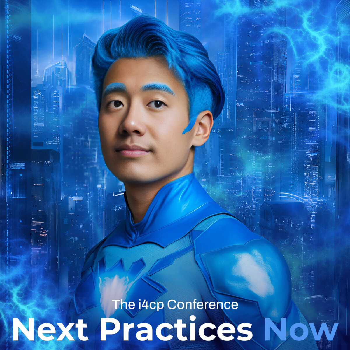 AI-generated superhero portrait of a conference attendee at the i4cp “Next Practices Now” corporate event—created by MISGIF’s AI Photo Booth to deliver branded, futuristic photo experiences for high-impact professional conferences.