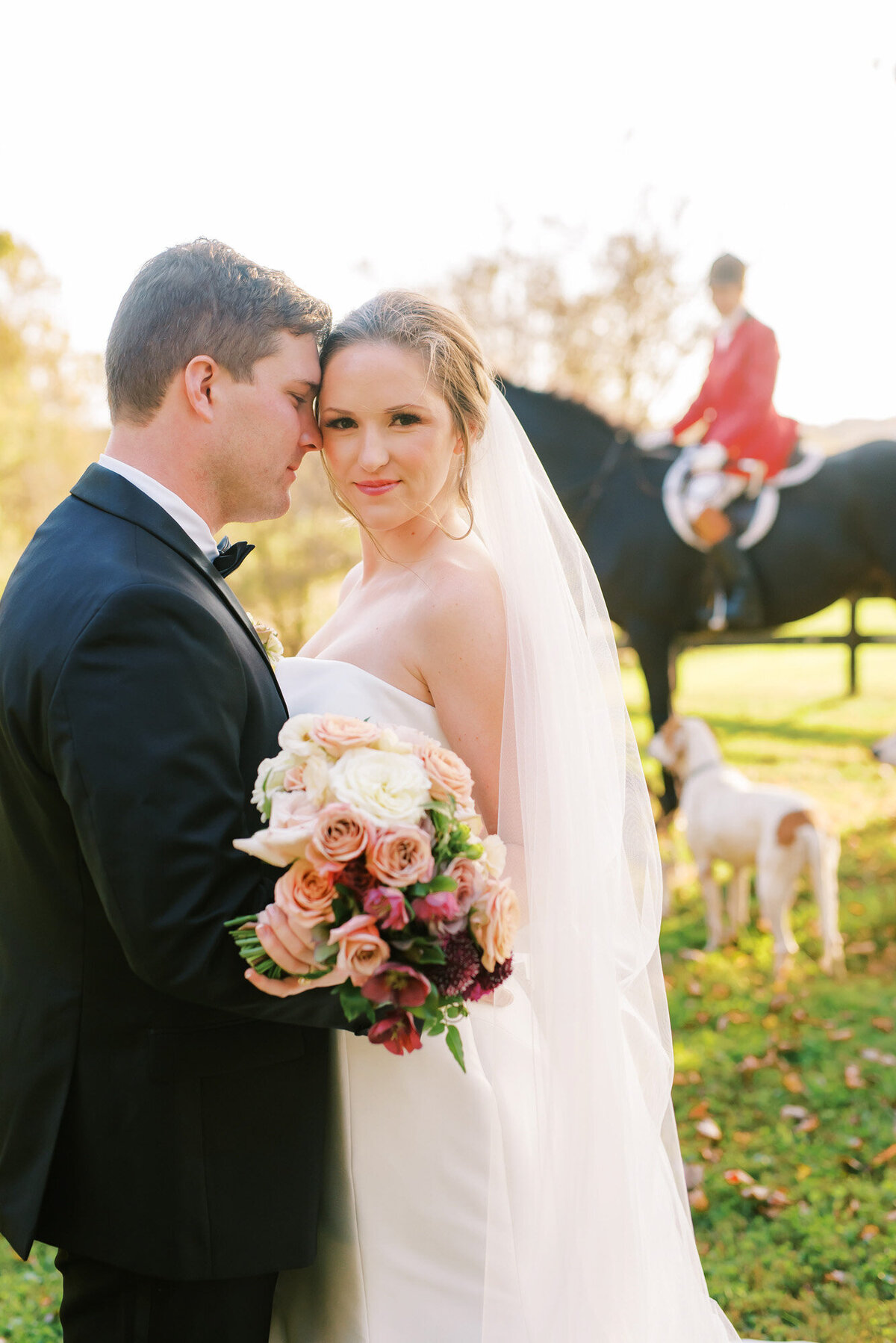 Sweet bride and groom while someone behind is riding a horse and a dog looking