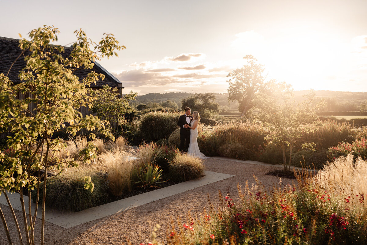 Bride and Groom on Terrace at Hyde House during Golden Hour
