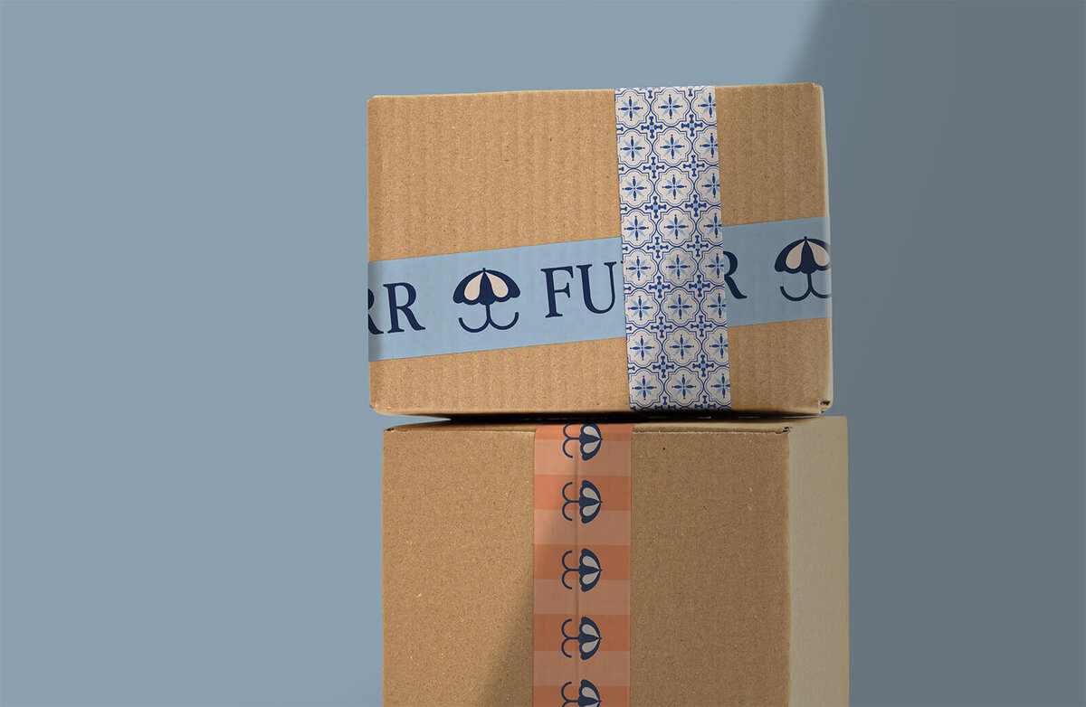 Geometric bordered packaging tape featuring Winston & Co luxury dog treats branding with vintage heritage design elements